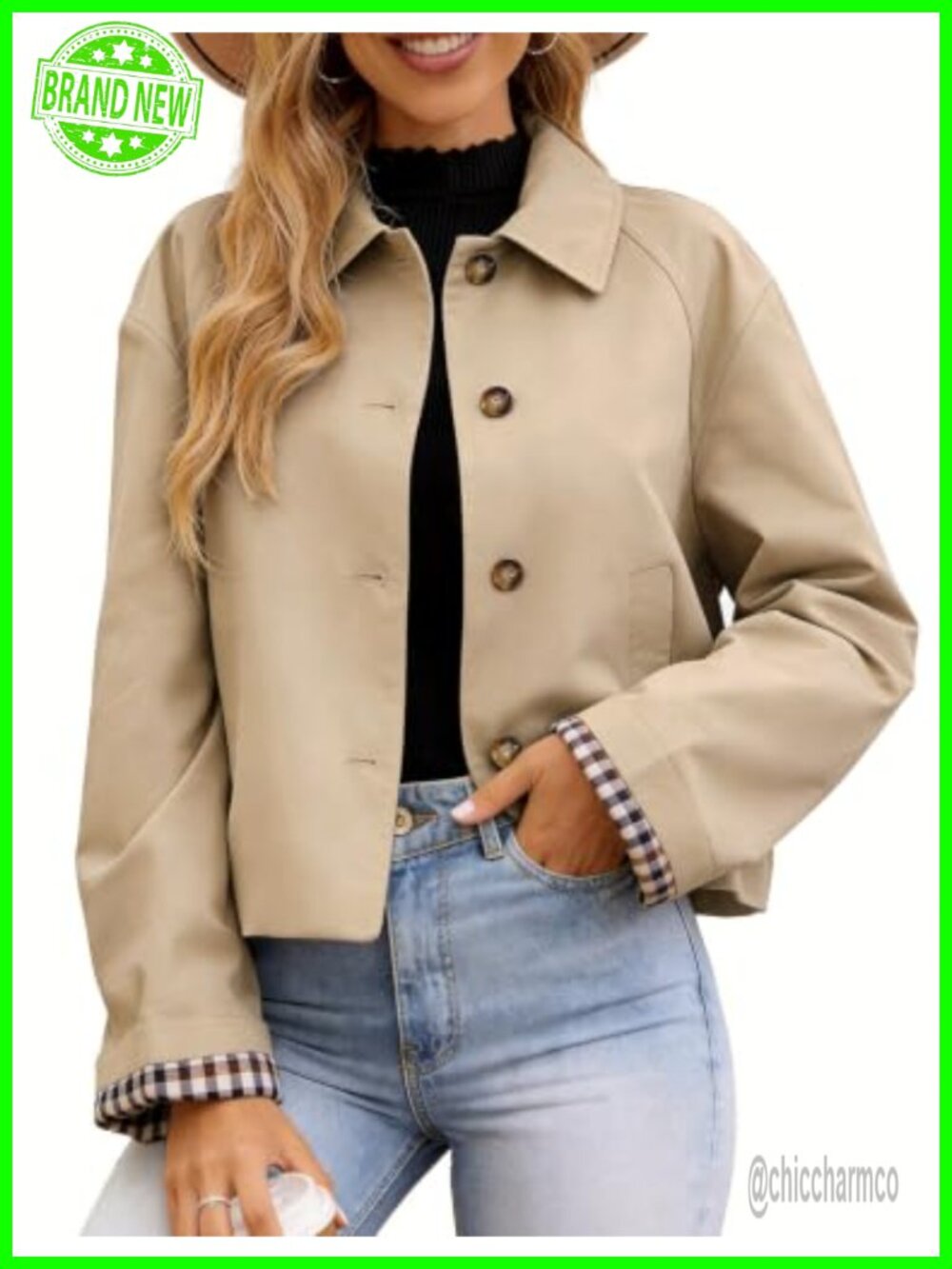 Cropped Trench Coat Lightweight Short Casual Jacket with Plaid Lining